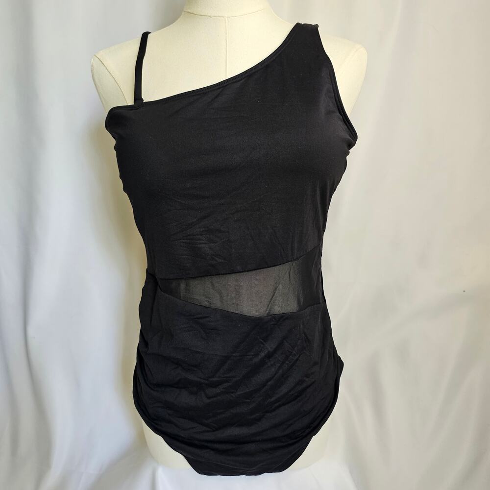 New‎ XL Asymmetrical Mesh Waist Ruched 1-Piece Swim